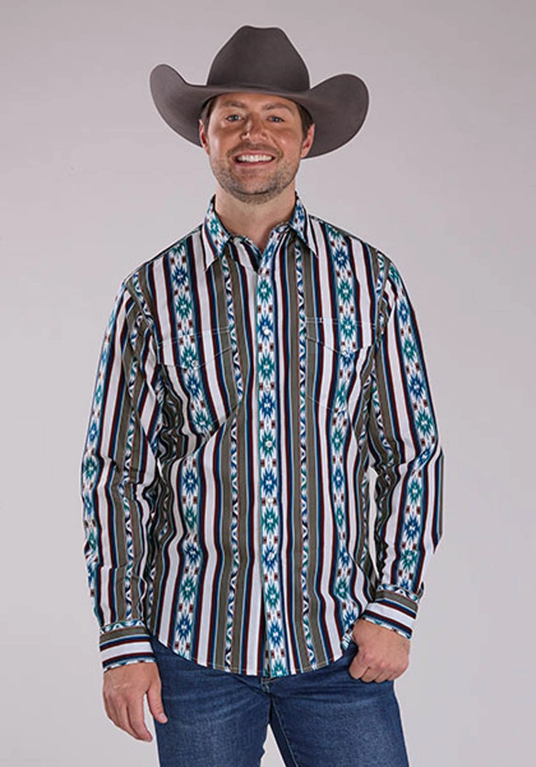 Adjustable Cuffs Roper Mens Vertical Retro Stripe Grey 100% Cotton L/S Shirt
