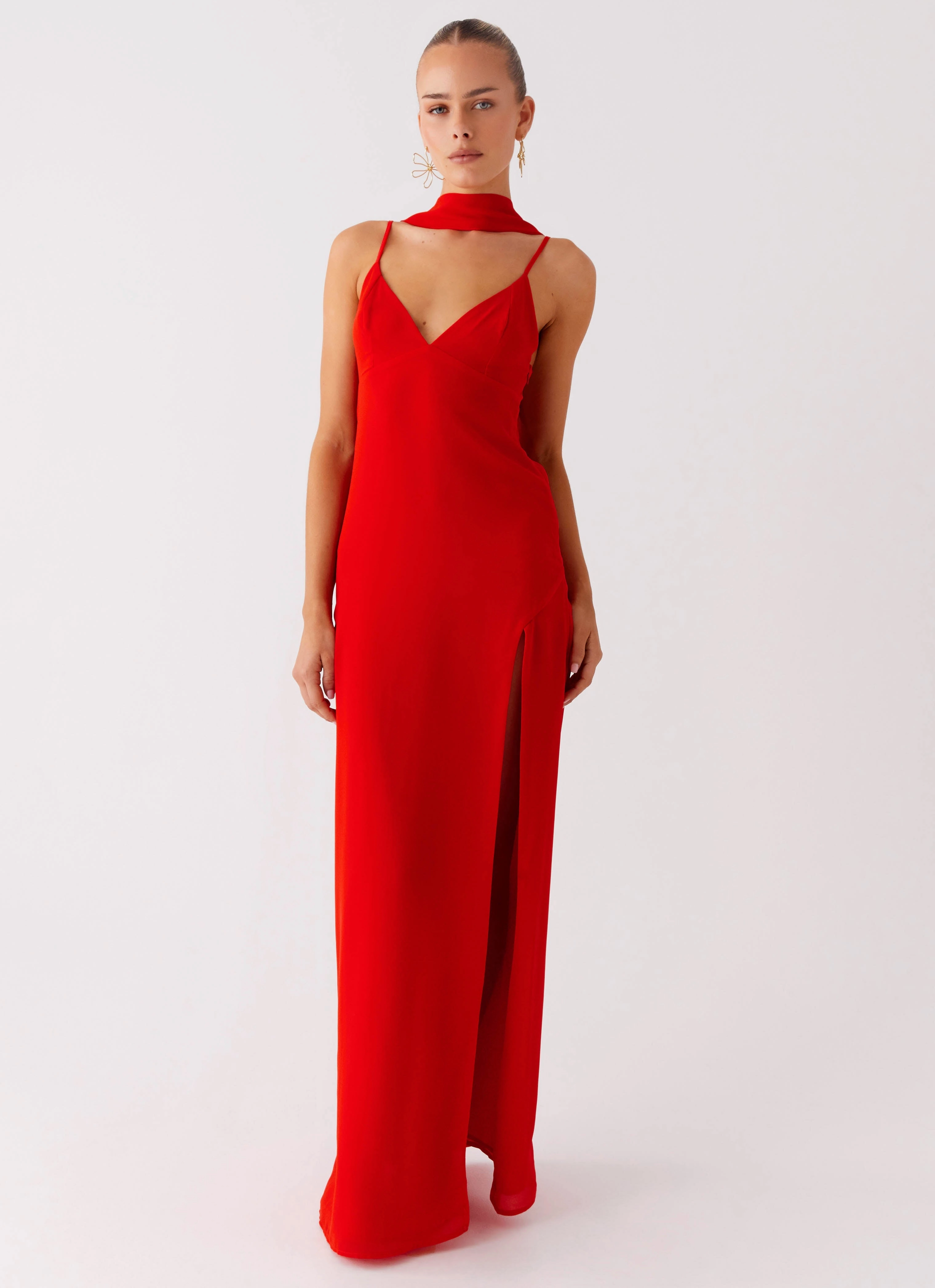 Fringe-Detail FlatlockSeam Yorke Scarf Maxi Dress - Raspberry Red