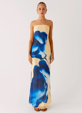 Chiffon Layer So You Say Strapless Maxi Dress - Heirloom Floral Minimalist Elegance So You Say Strapless Maxi Dress - Heirloom Floral