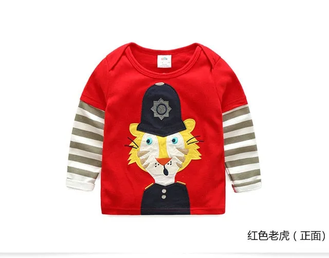 Children Cotton Striped Colour Patchwork Cartoon Animal Baby Boys Long Sleeve T-Shirts