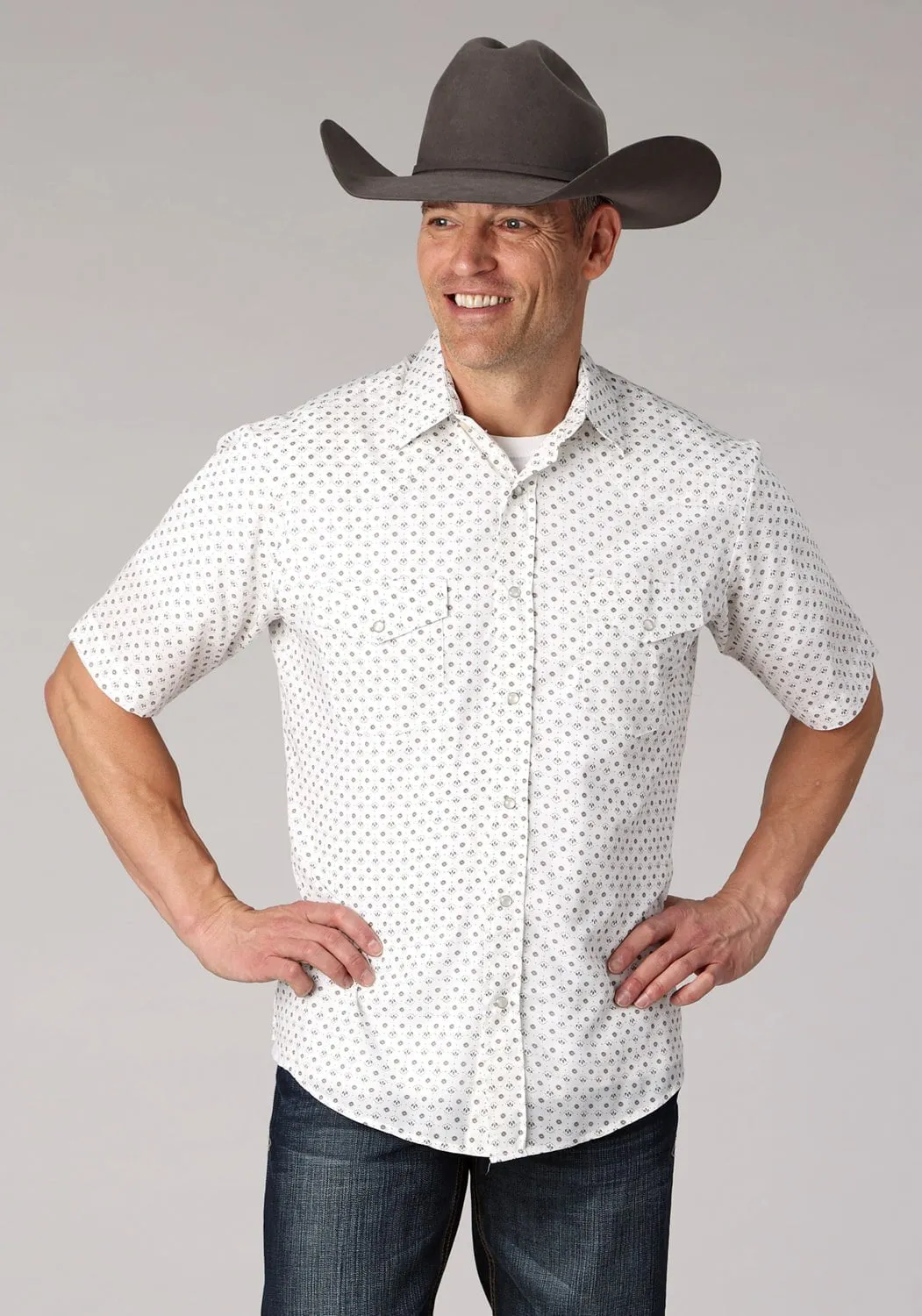 Timeless elegance Roper Mens 2065 Mini Floral White Cotton Blend S/S Shirt