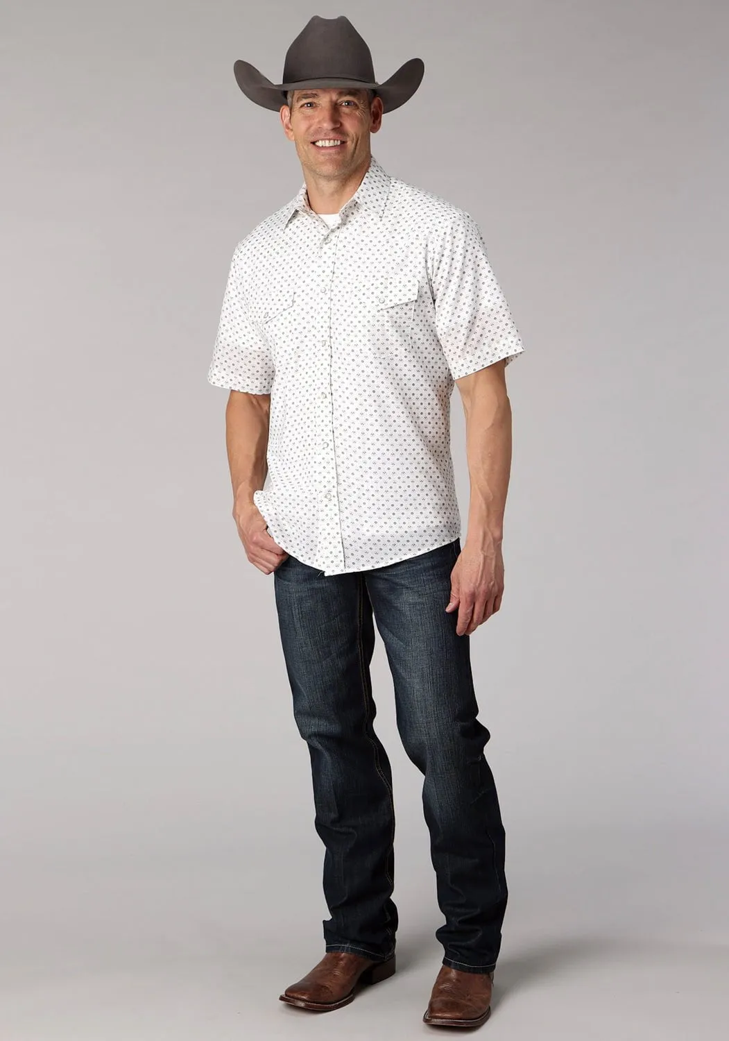 Denim Blend Roper Mens 2065 Mini Floral White Cotton Blend S/S Shirt