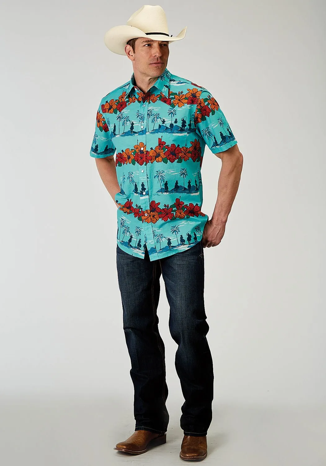 Soft Comfort Roper Mens 1900 Hawaiian Blue 100% Cotton 1 Pkt S/S Shirt