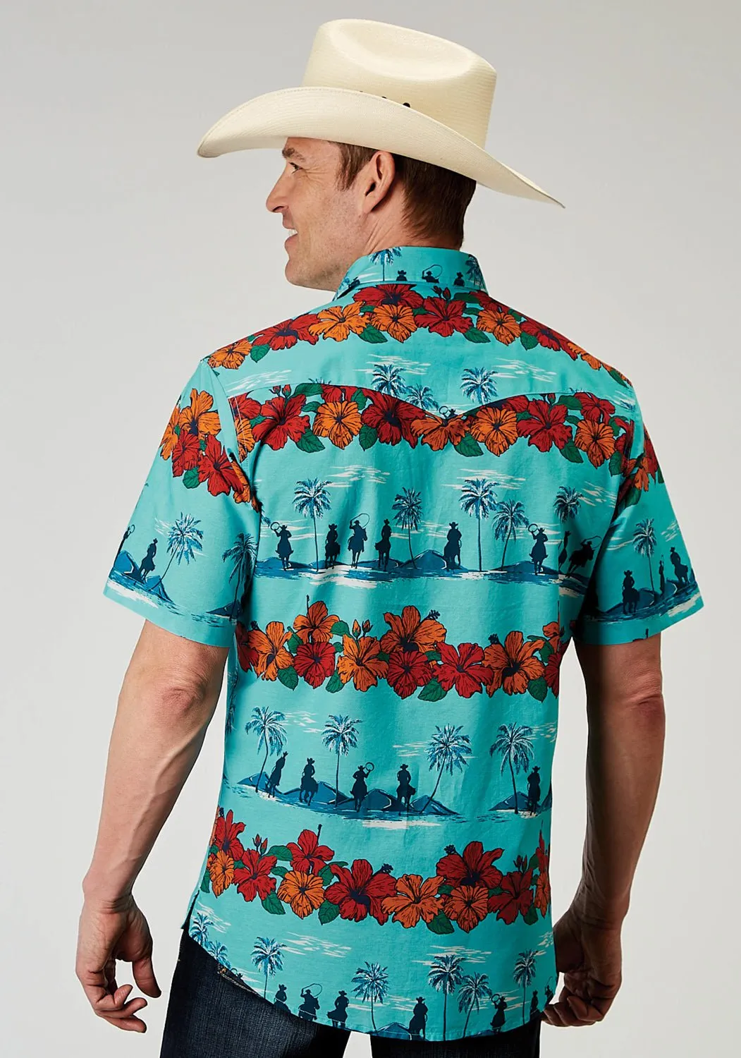 Roper Mens 1900 Hawaiian Blue 100% Cotton 1 Pkt S/S Shirt Chambray Fabric Relaxed Style