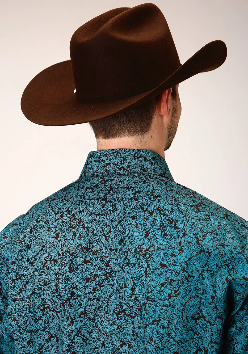 Fashion-Forward Geometric Print Roper Mens Turquoise 100% Cotton Agave Paisley L/S Shirt