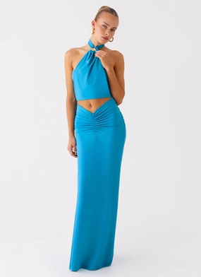 Chiquita Halter Maxi Dress - Turquoise Blue Seasonal Layering Morning Wear Chiquita Halter Maxi Dress - Turquoise Blue