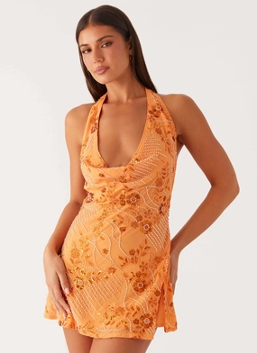 Cinzia Beaded Mini Dress - Orange Casual Wear Cinzia Beaded Mini Dress - Orange Ruched-Detail