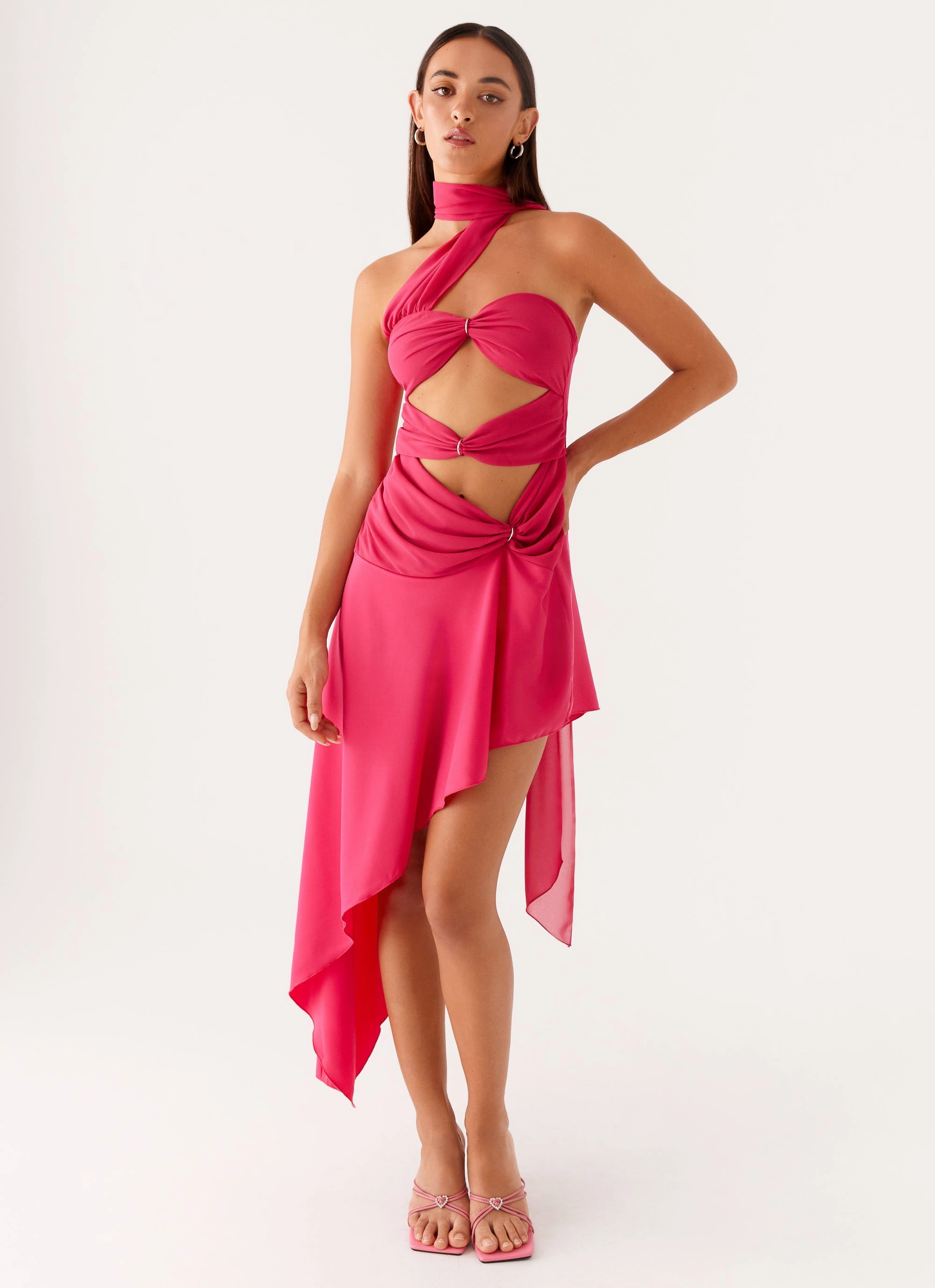 Sleek Waist Design Fit Embroidered-Sleeve Circa Scarf Midi Dress - Hot Pink