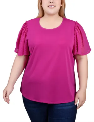 Classic and Tailored Plus Size Clip Dot Flutter Sleeve Top Plus Size Clip Dot Flutter Sleeve Top Feminine flowing piece