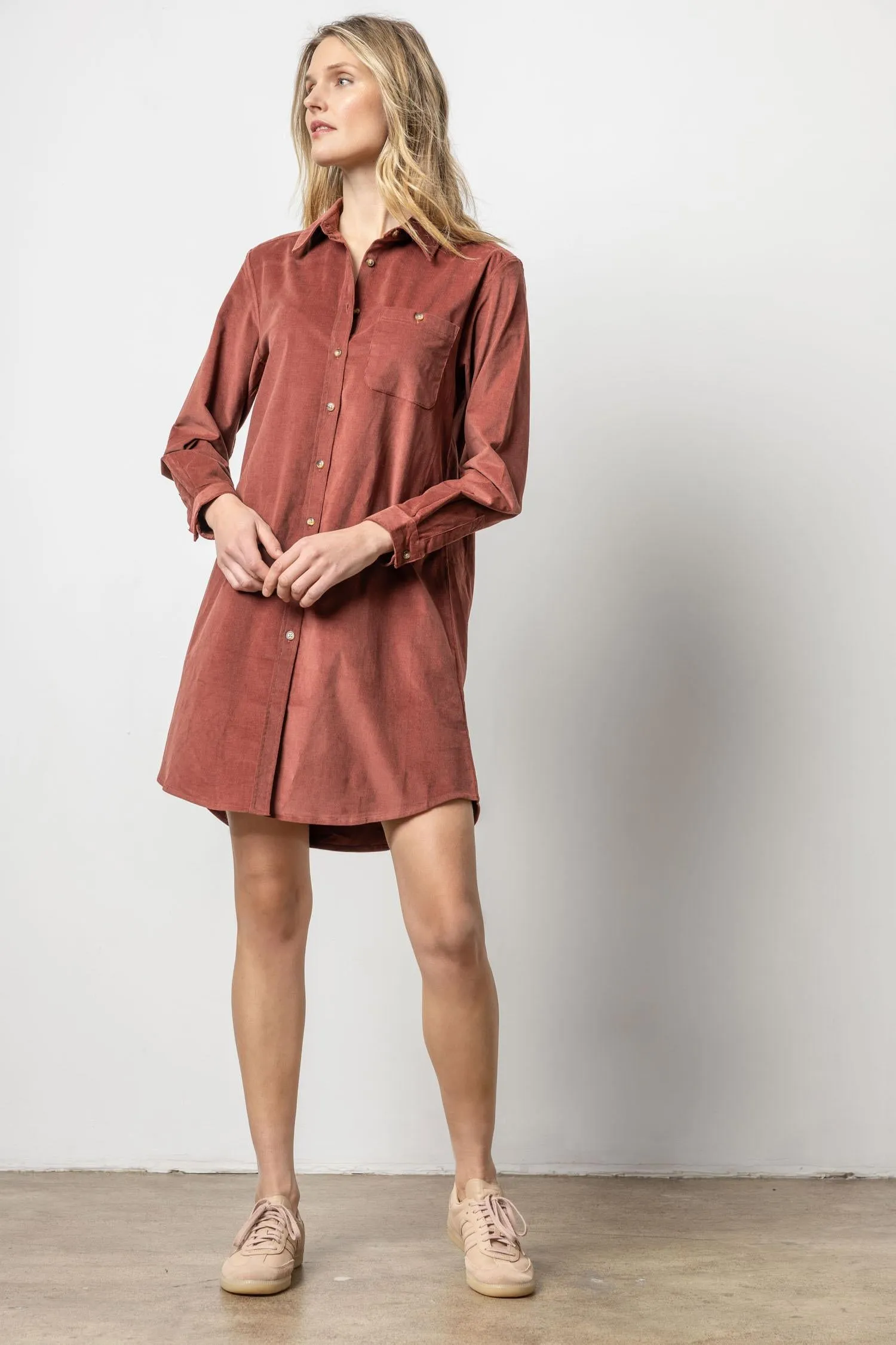 Romantic Bloom Shiny surface Corduroy Shirt Dress in Brandy