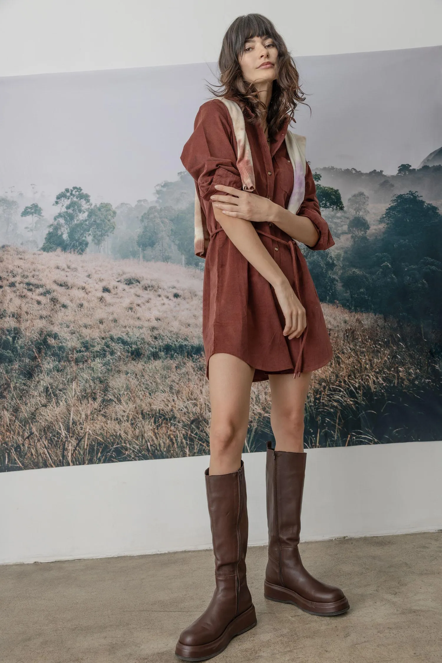 Relaxed Design Perfect Length Corduroy Shirt Dress in Brandy