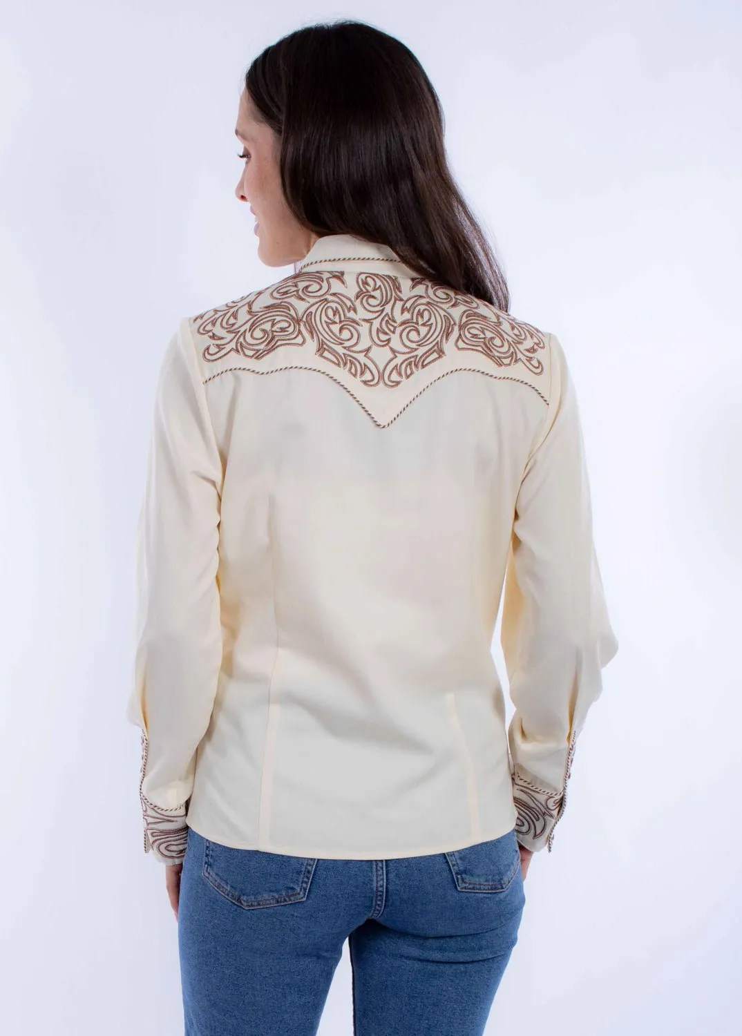 Premium Finish Chic Option Scully Womens Embroidered Scroll Cream Poly/Rayon L/S Shirt