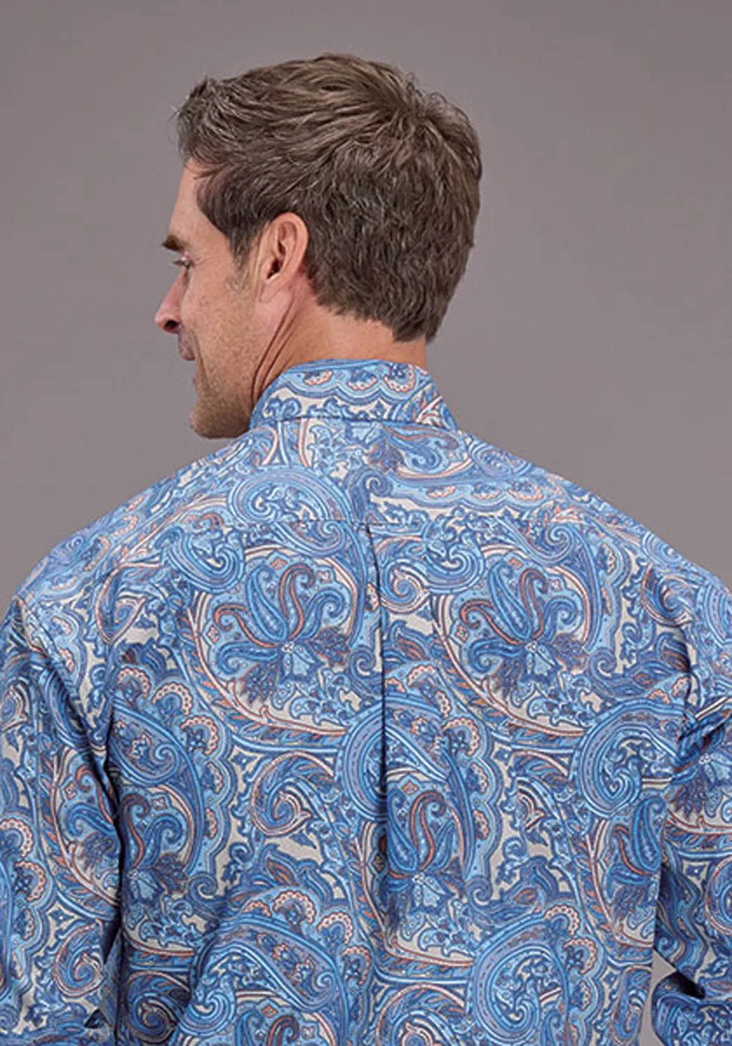Hooded Option Stylish Comfort Stetson Mens 2521 Sunrise Paisley Blue 100% Cotton L/S Shirt