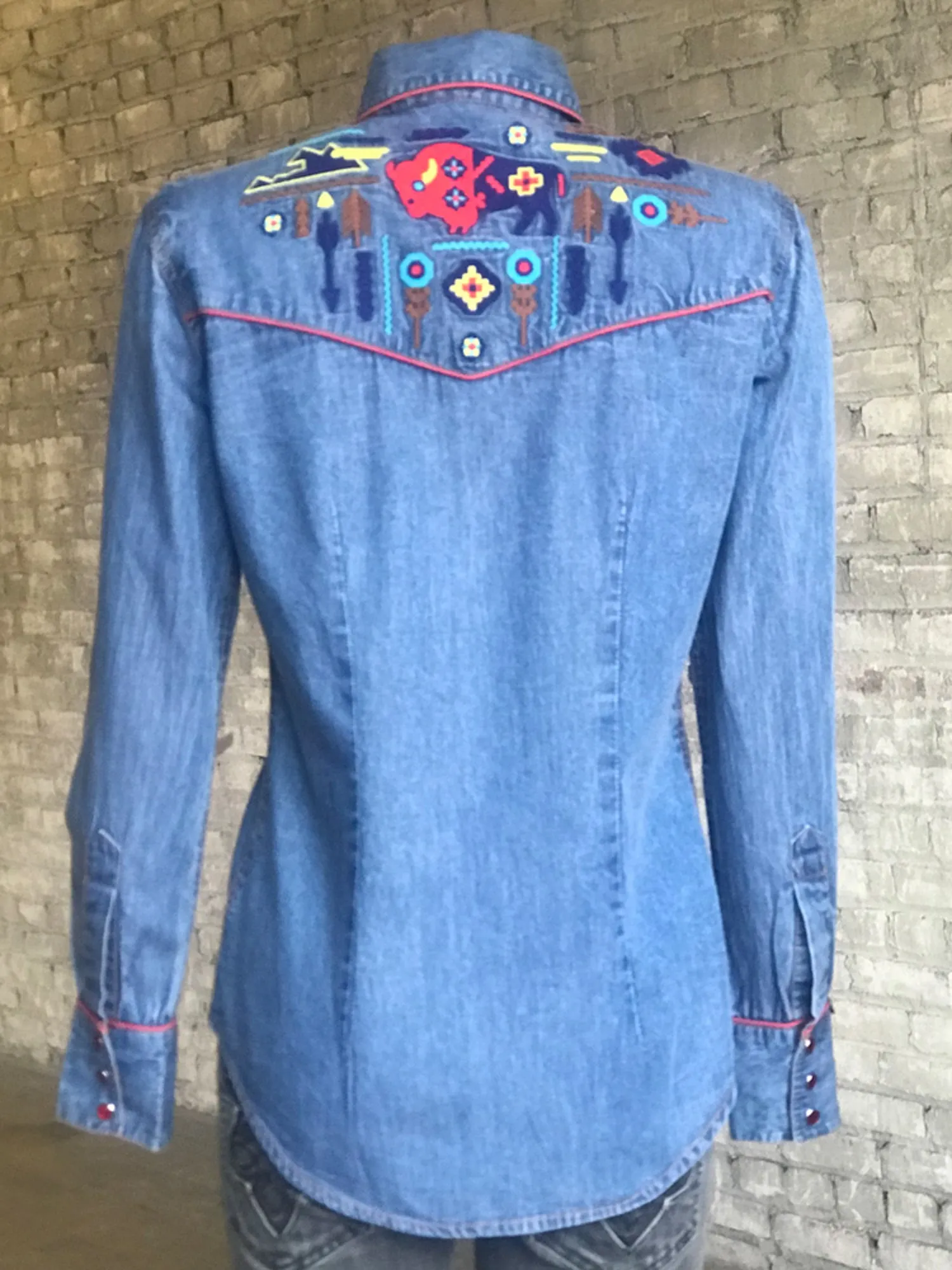 color block Nautical Look Rockmount Womens Denim 100% Cotton American Bison Western L/S Shirt
