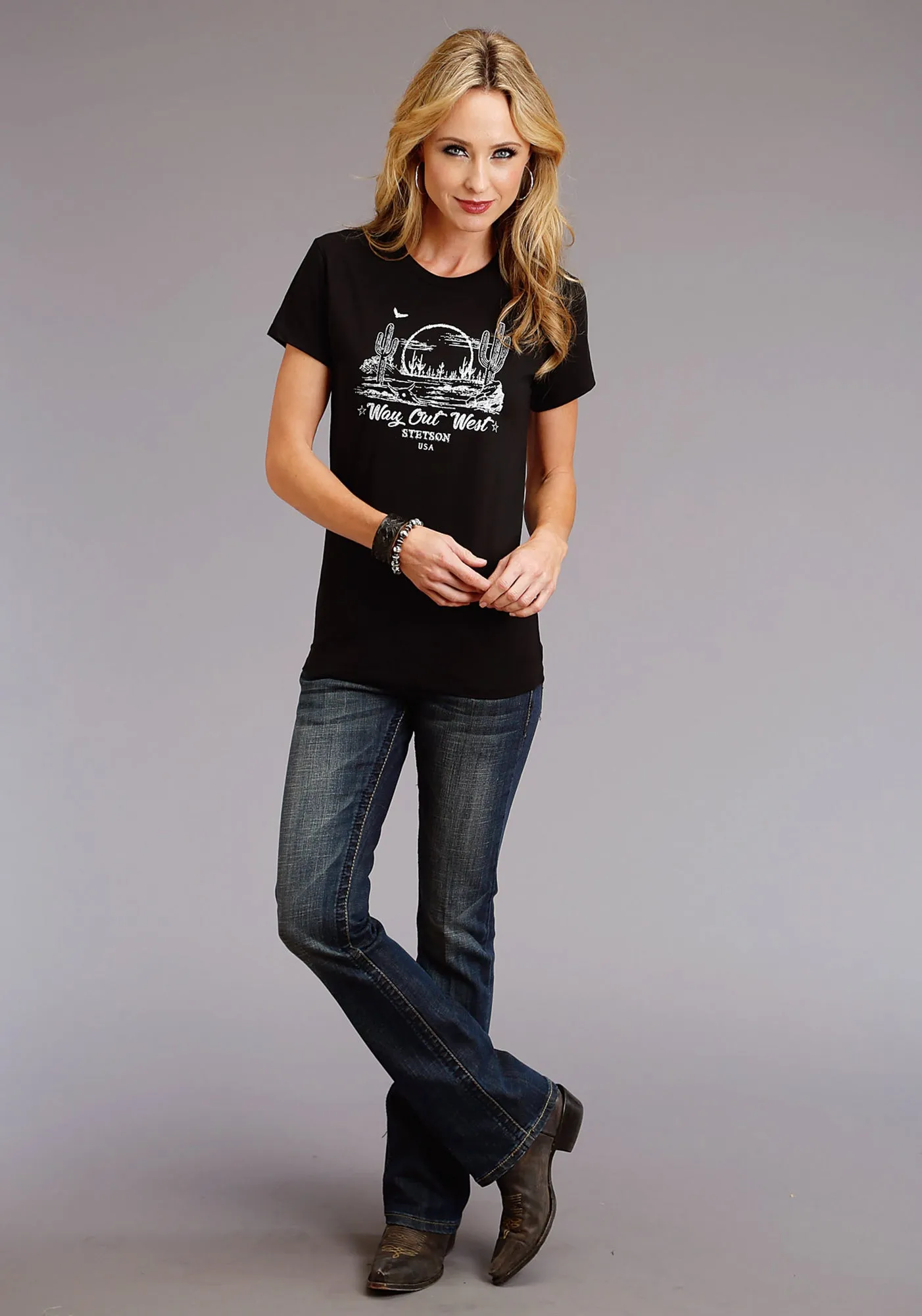 Stetson Womens Black 100% Cotton Way Out West S/S T-Shirt Breathable Fit