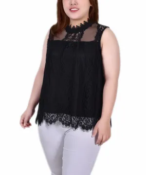 Classic Comfort Fit Plus Size Sleeveless Mock Neck Lace Top Skirt Flare Glossy-Finish Plus Size Sleeveless Mock Neck Lace Top