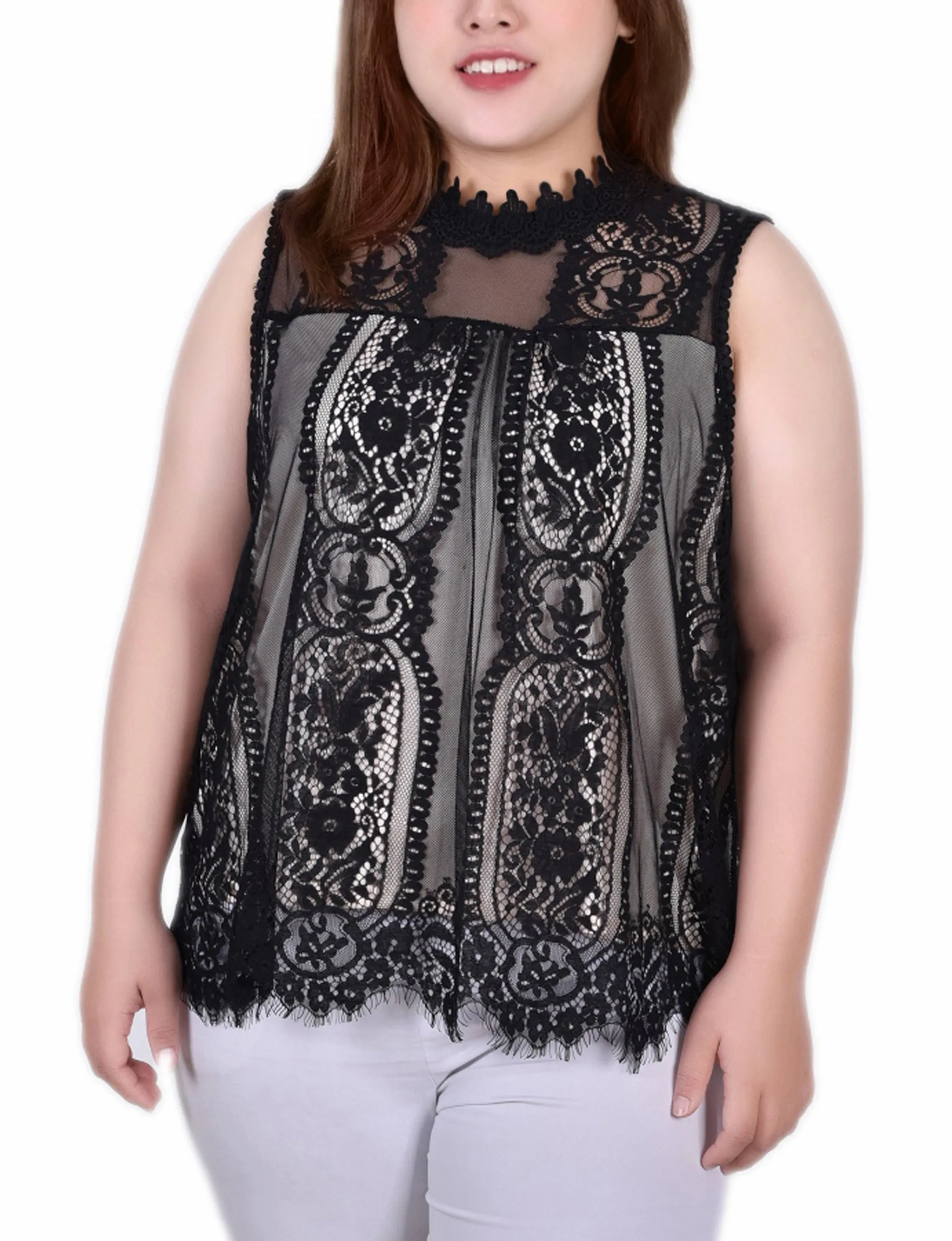 All Fit Plus Size Sleeveless Mock Neck Lace Top