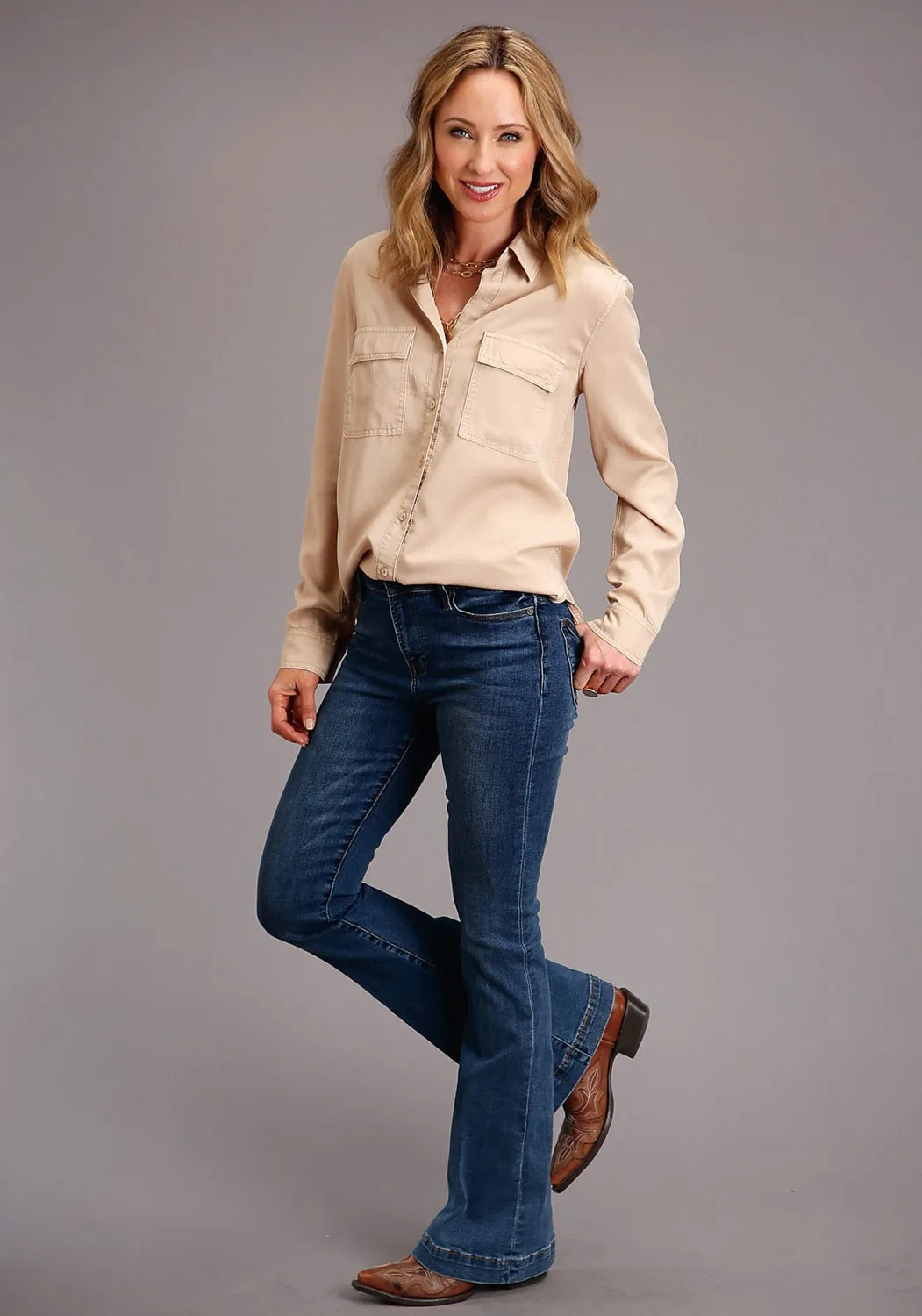 Flat Lock Stitching Stetson Womens Brown Denim Safari-Style L/S Blouse