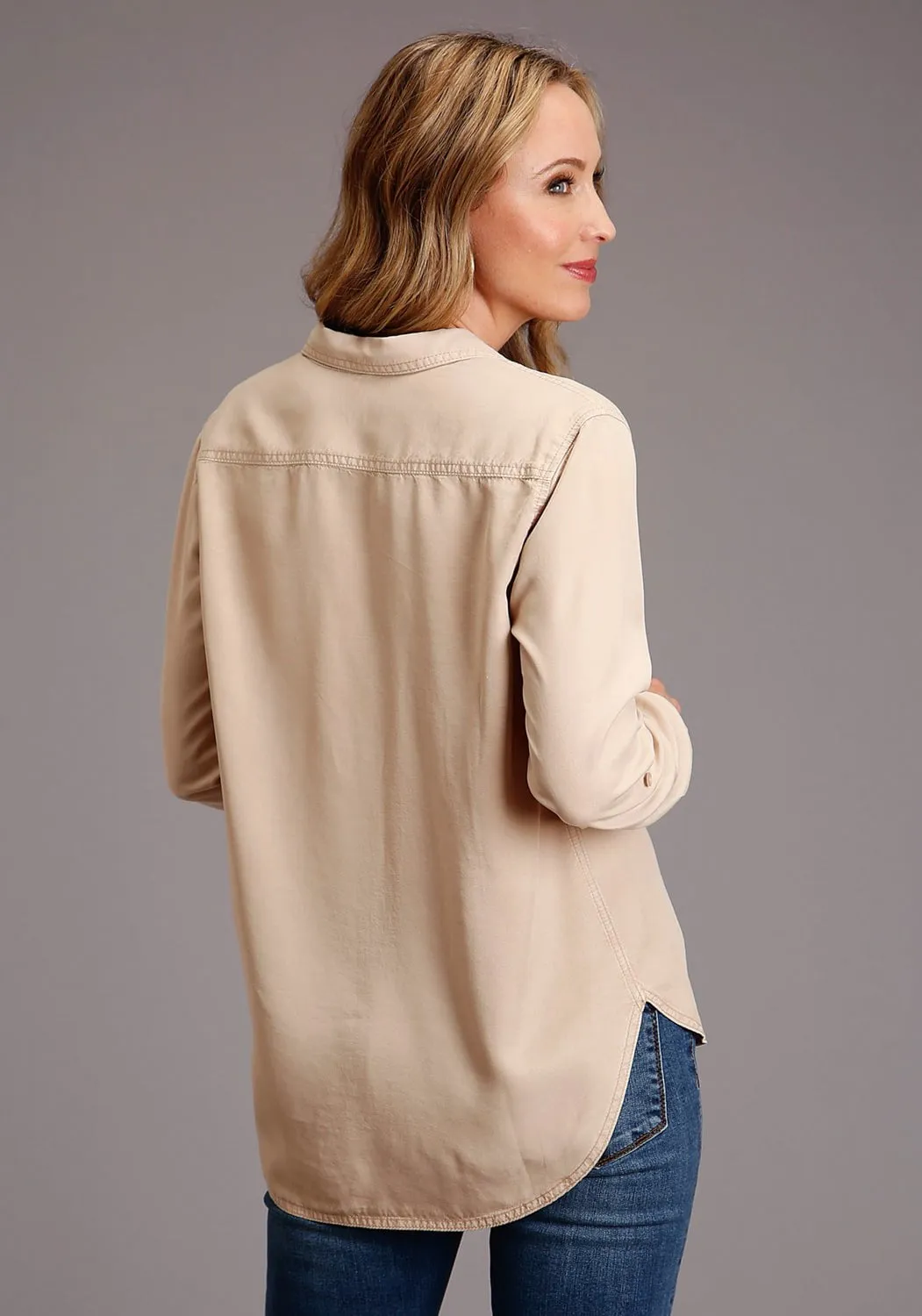 Stetson Womens Brown Denim Safari-Style L/S Blouse Vibrant Trendy