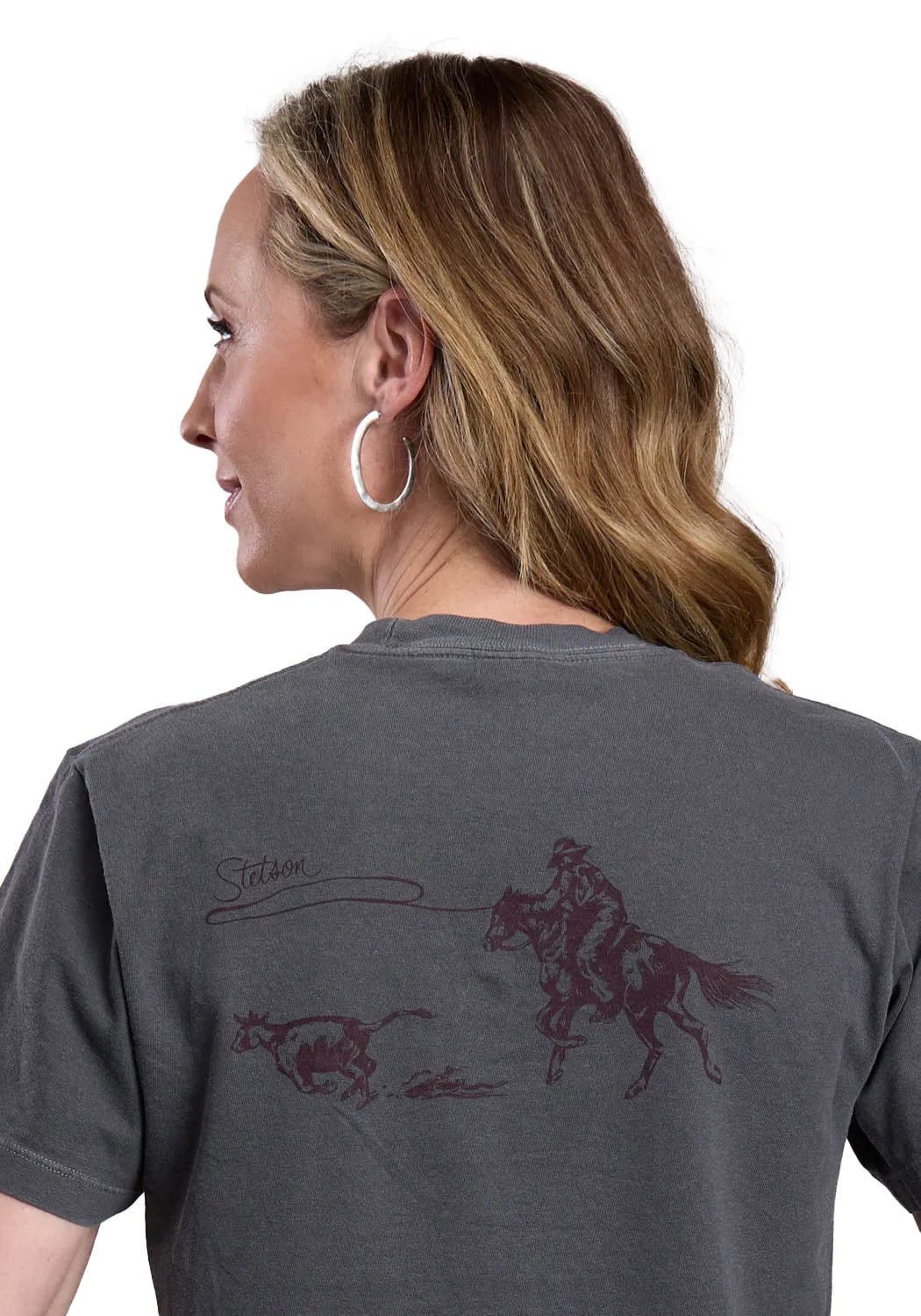 Stetson Womens Roping A Calf Grey 100% Cotton S/S T-Shirt Unisex style Cozy Fit