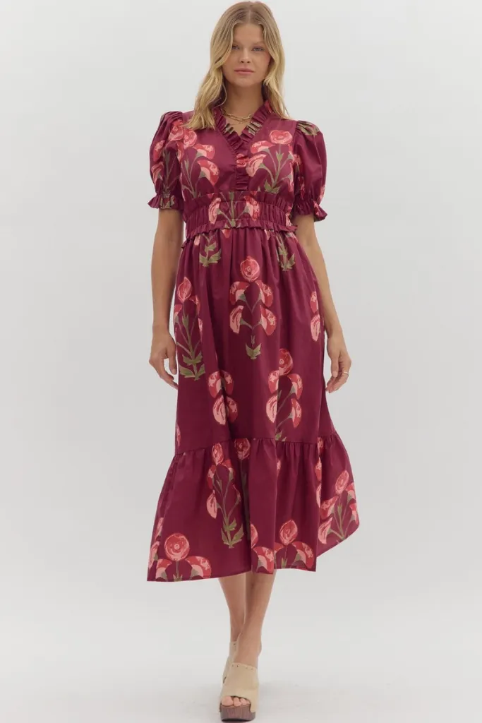 Soft Pleats Felicity Floral Puff Sleeve Midi Dress