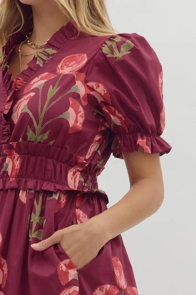 Felicity Floral Puff Sleeve Midi Dress Easy Layering Piece Timeless Beauty