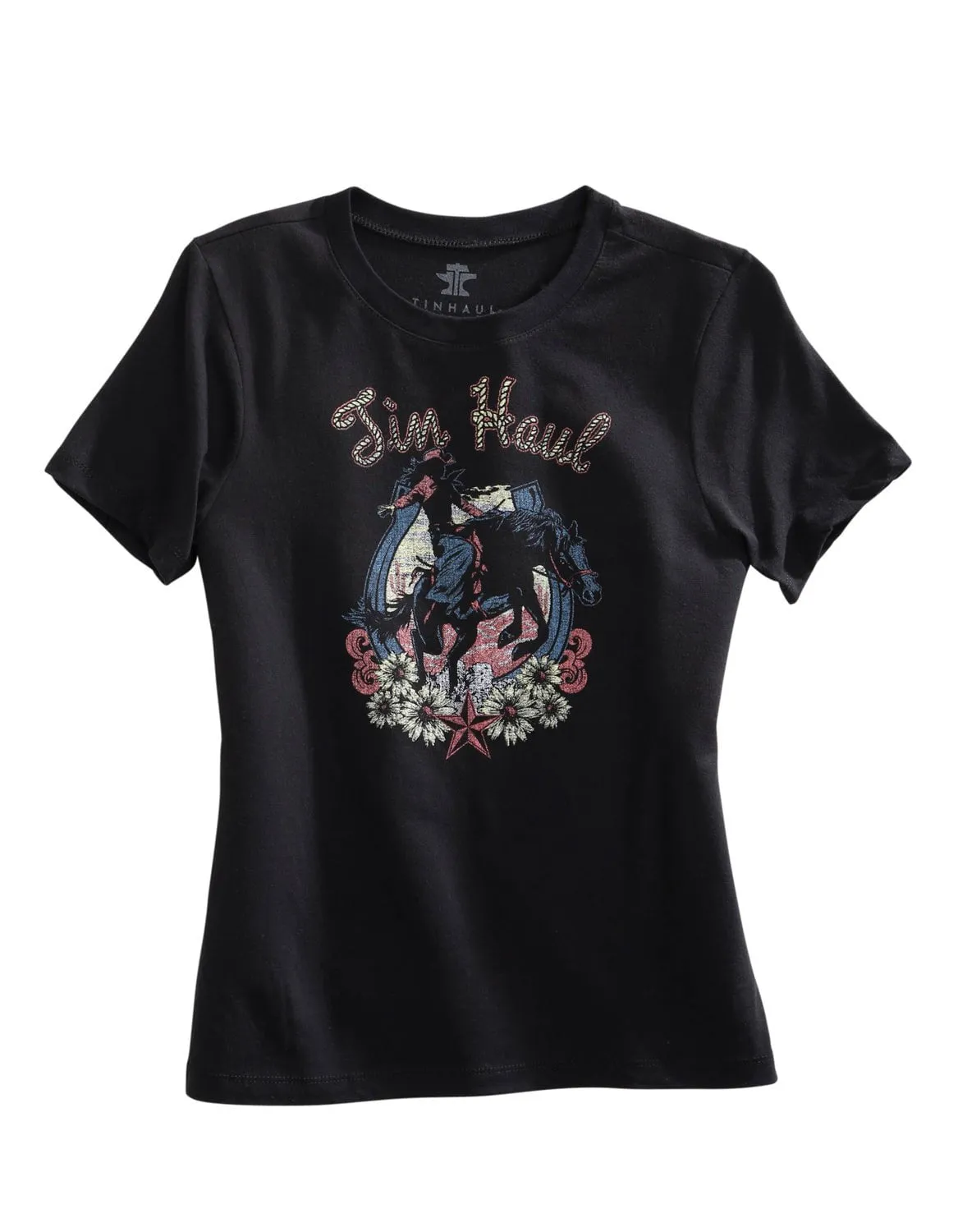 Tin Haul Womens Black Cotton Blend Lady Bronc S/S Horseshoe T-Shirt Seasonal Comfort Odor Resistant