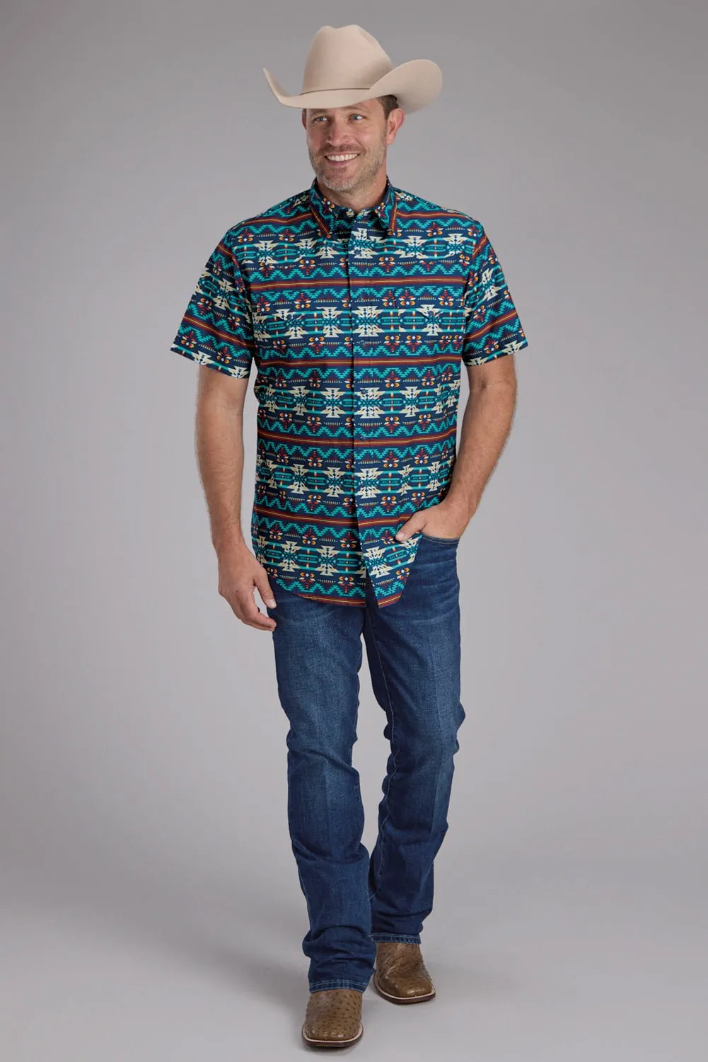 Roper Mens Horizontal Navajo Aztec Blue/Red 100% Cotton S/S Shirt EasyCare Fabric