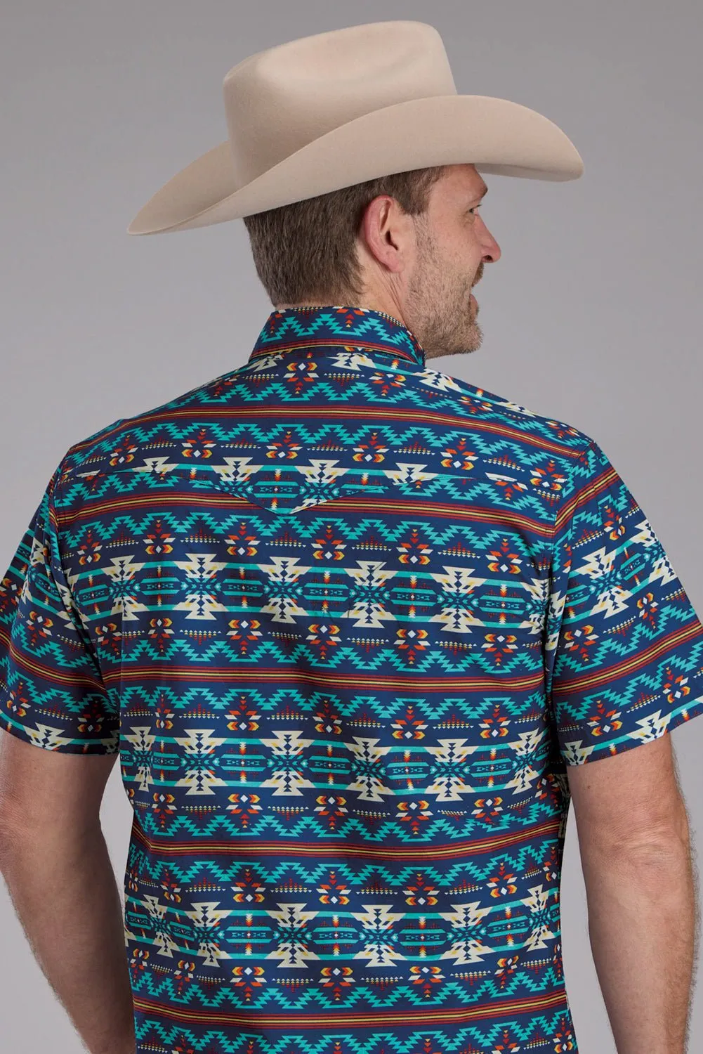 Roper Mens Horizontal Navajo Aztec Blue/Red 100% Cotton S/S Shirt stain resistant coating Wardrobe Staple