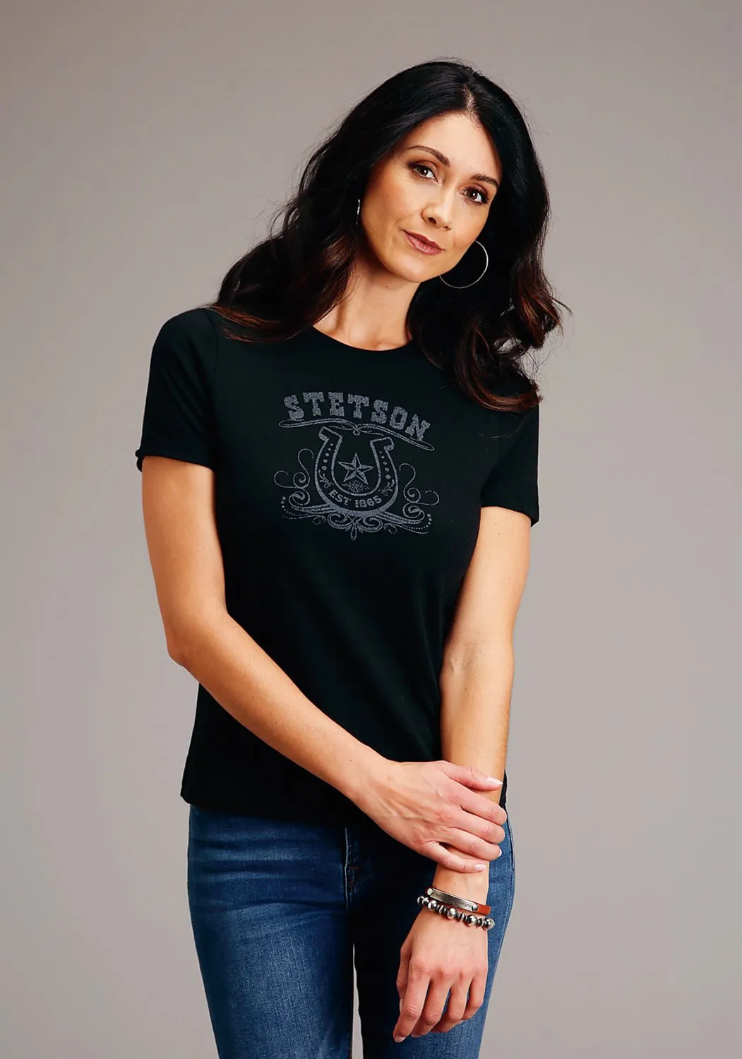 Urban Fit Raw Hem Design Stetson Womens Vintage Black Cotton Blend Horseshoe S/S T-Shirt