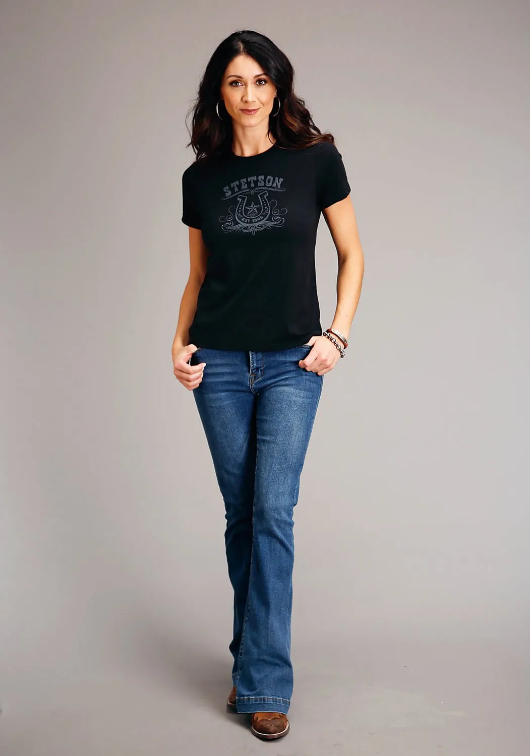 Seasonal Style Stylish Appearance Stetson Womens Vintage Black Cotton Blend Horseshoe S/S T-Shirt