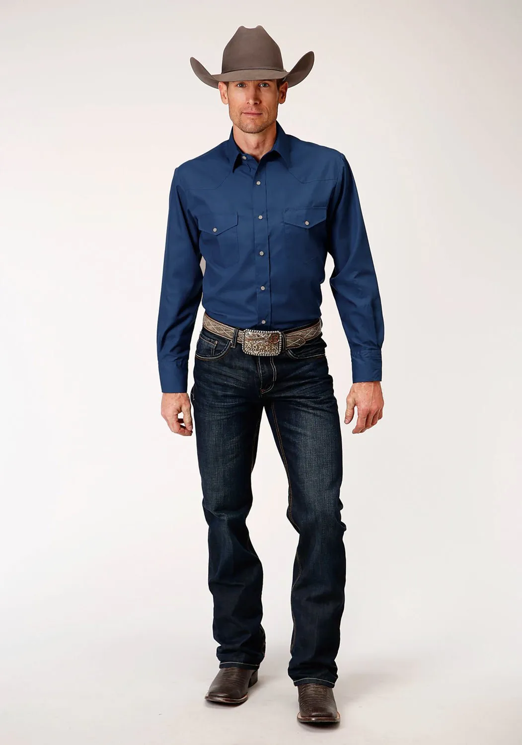 Pocket Detailing Trendy Fashion Roper Mens Denim Blue Cotton Blend Broadcloth L/S Shirt