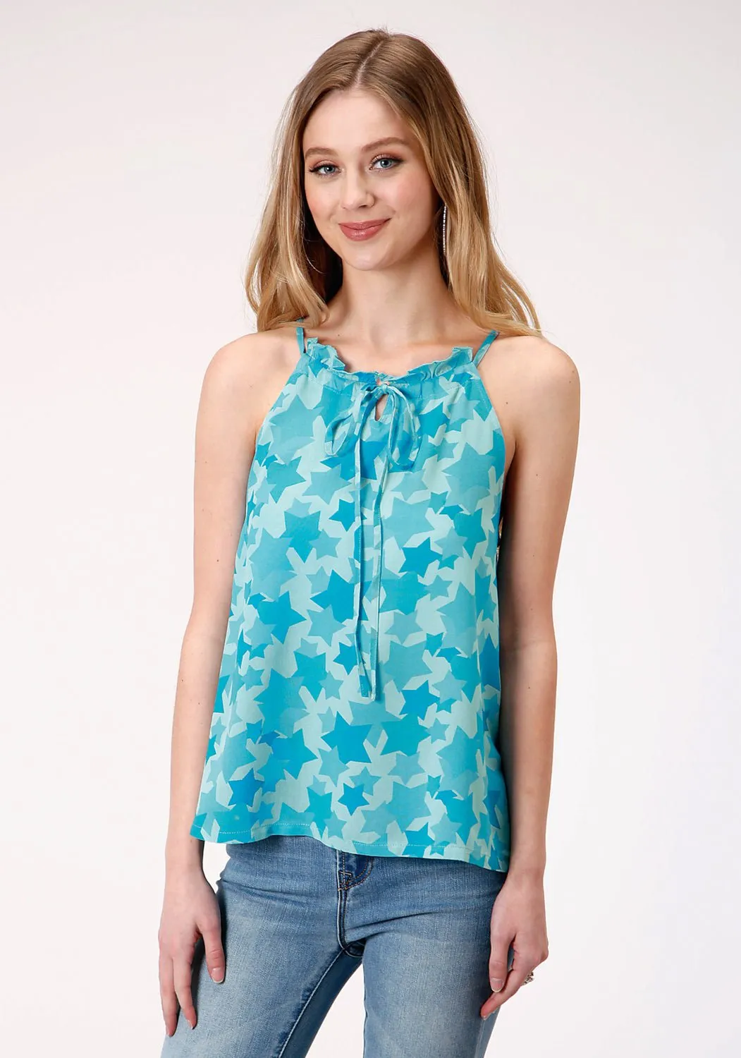 Year-Round Favorite Cooling Core Technology Roper Womens Blue Rayon/Nylon Rodeo Star S/L Tank Top