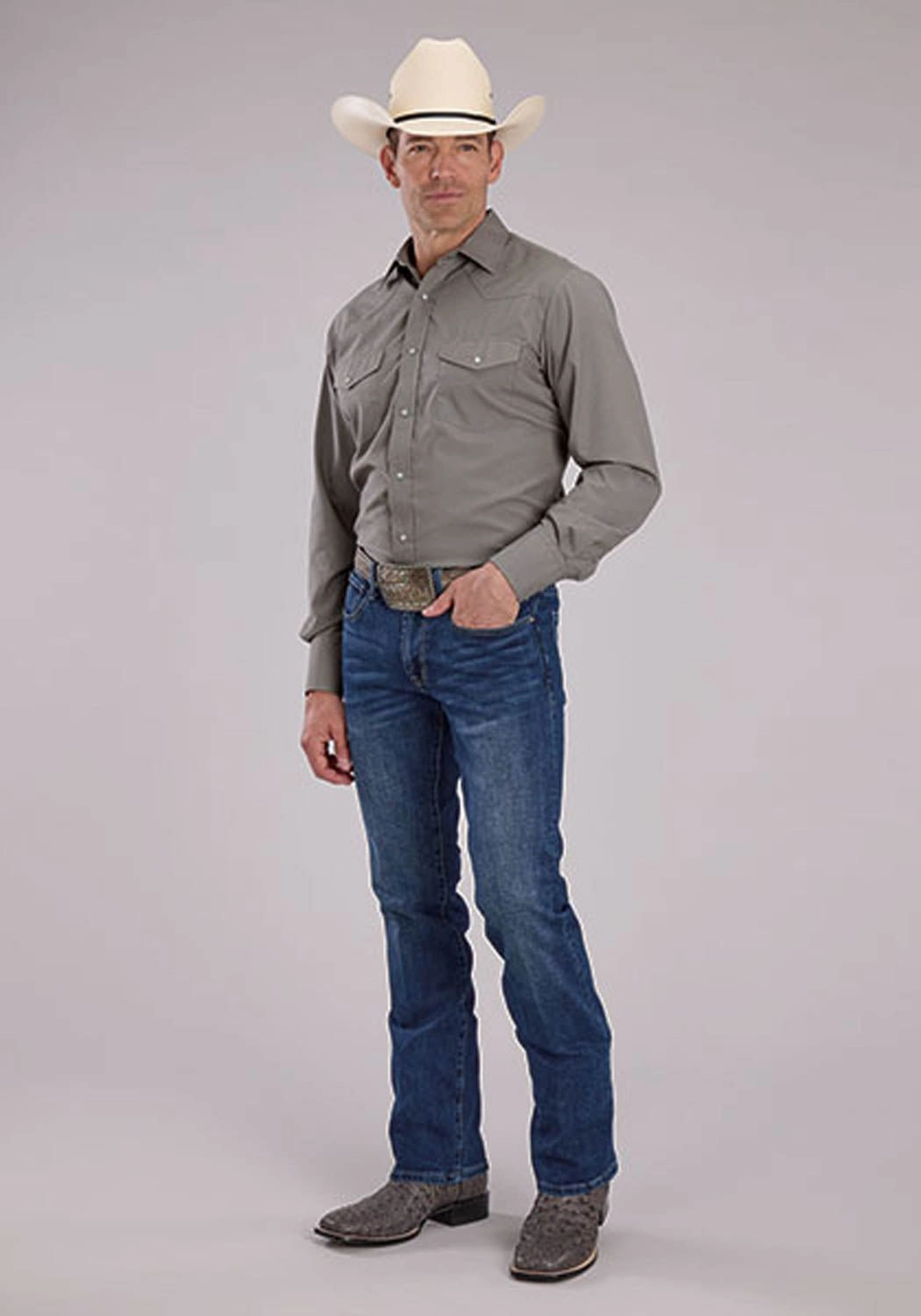 Comfort-First Roper Mens 2475 Solid Broadcloth Light Smokey Grey Cotton Blend L/S Shirt