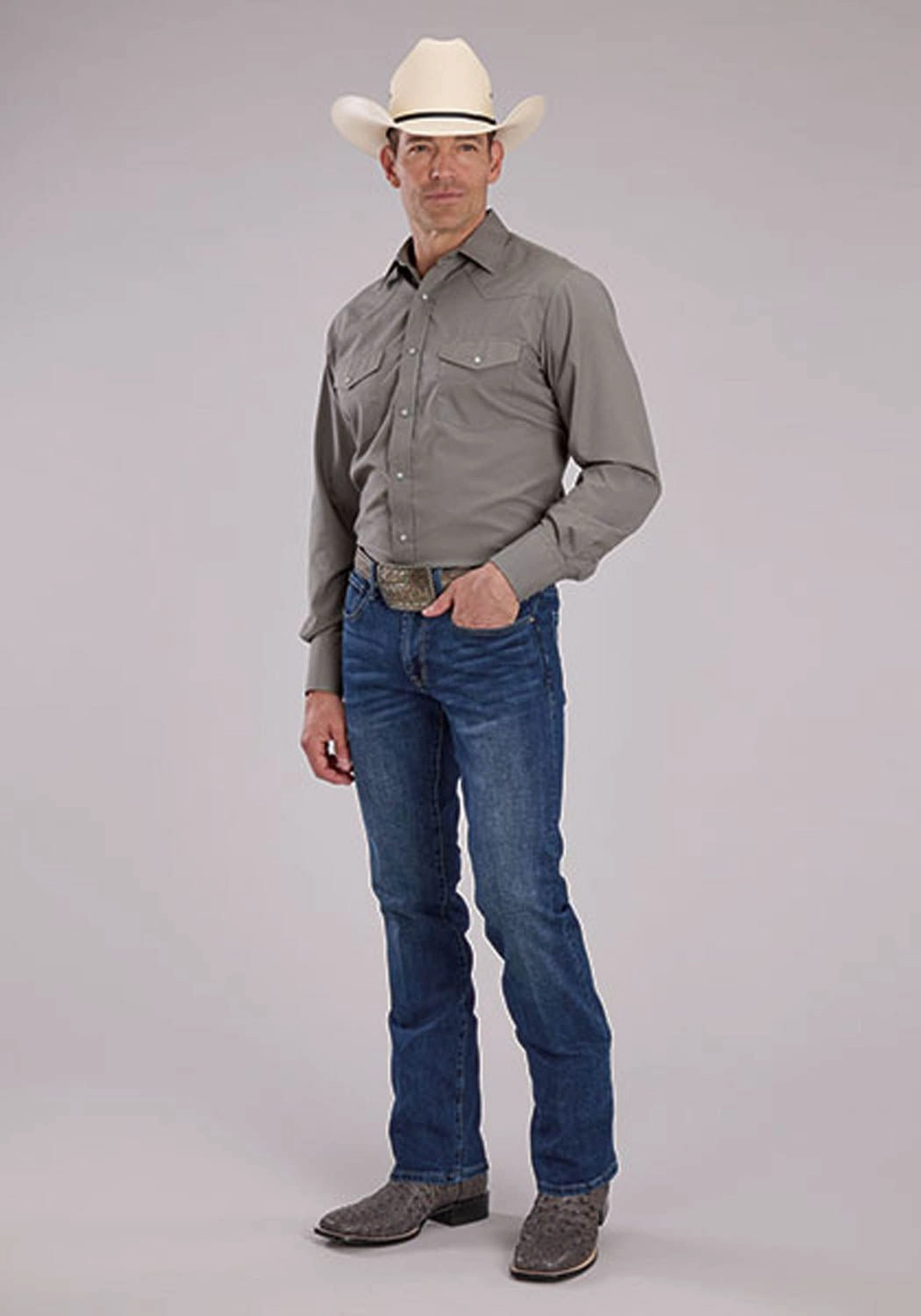 Chilly Weather Wear Roper Mens 2475 Solid Broadcloth Light Smokey Grey Cotton Blend L/S Shirt