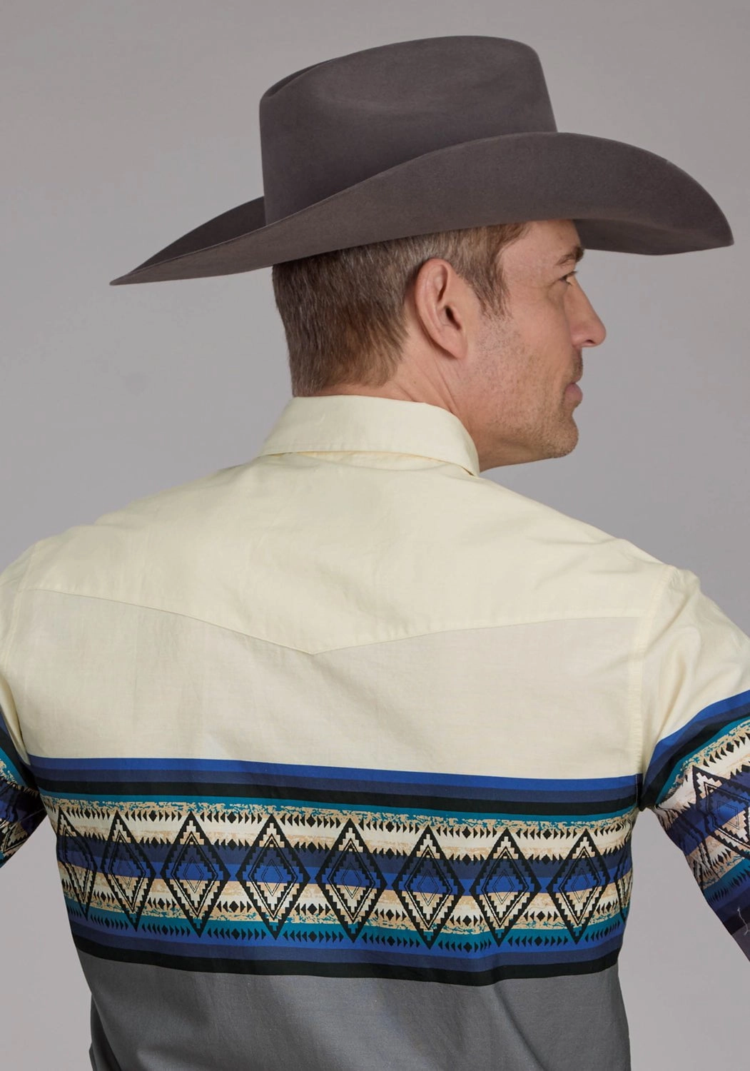 Slim Silhouette Hooded Neckline Roper Mens Retro Diamond Border Blue 100% Cotton L/S Shirt