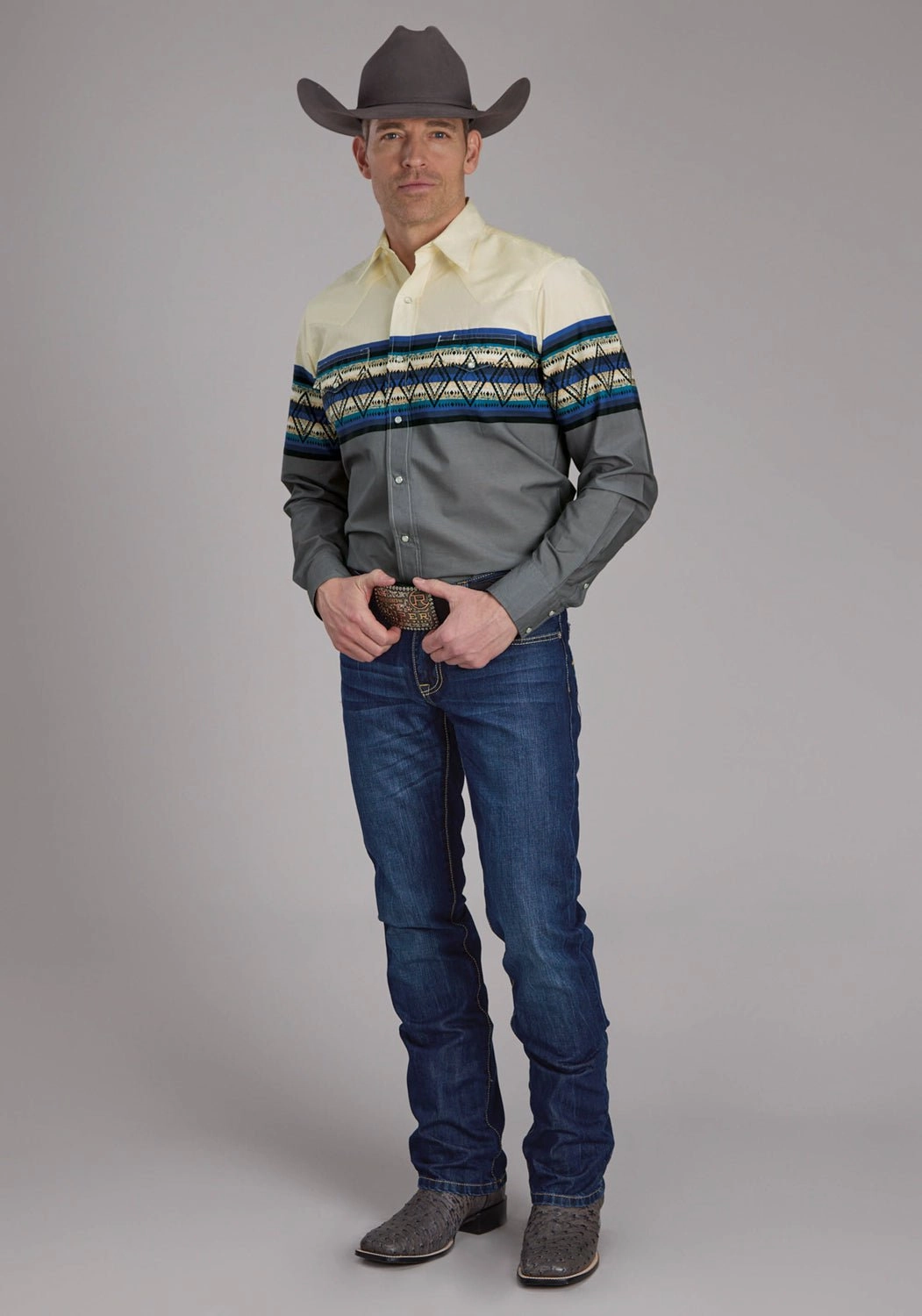 Tailored Silhouette Anti Pilling Treatment Roper Mens Retro Diamond Border Blue 100% Cotton L/S Shirt