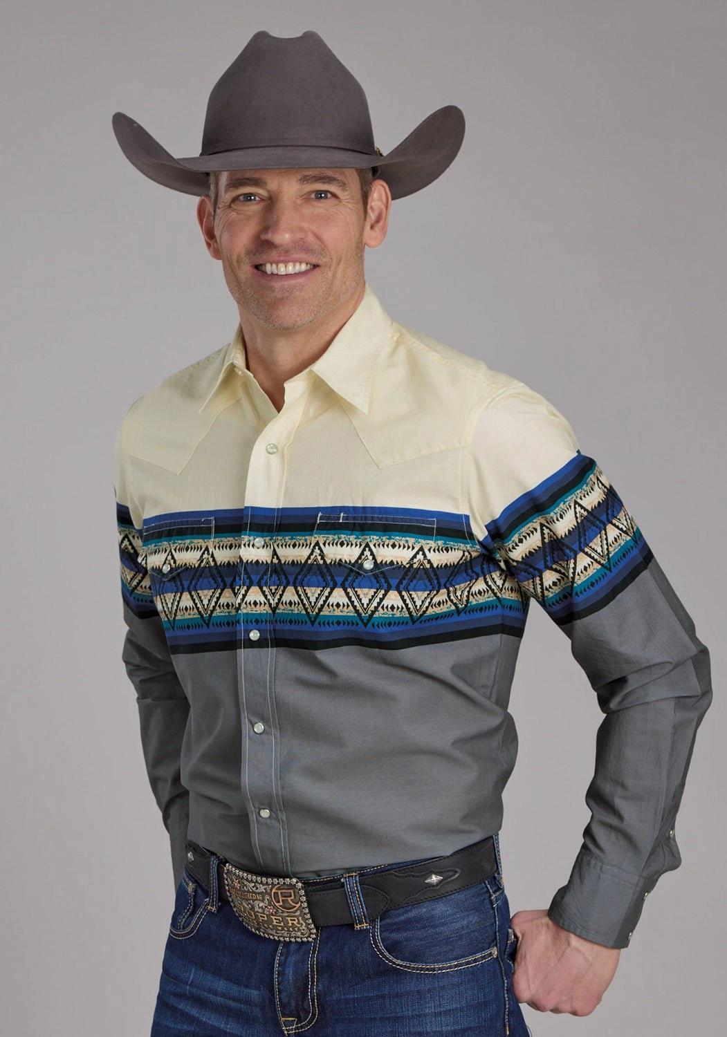 Soft Wear Mountain Escape Roper Mens Retro Diamond Border Blue 100% Cotton L/S Shirt