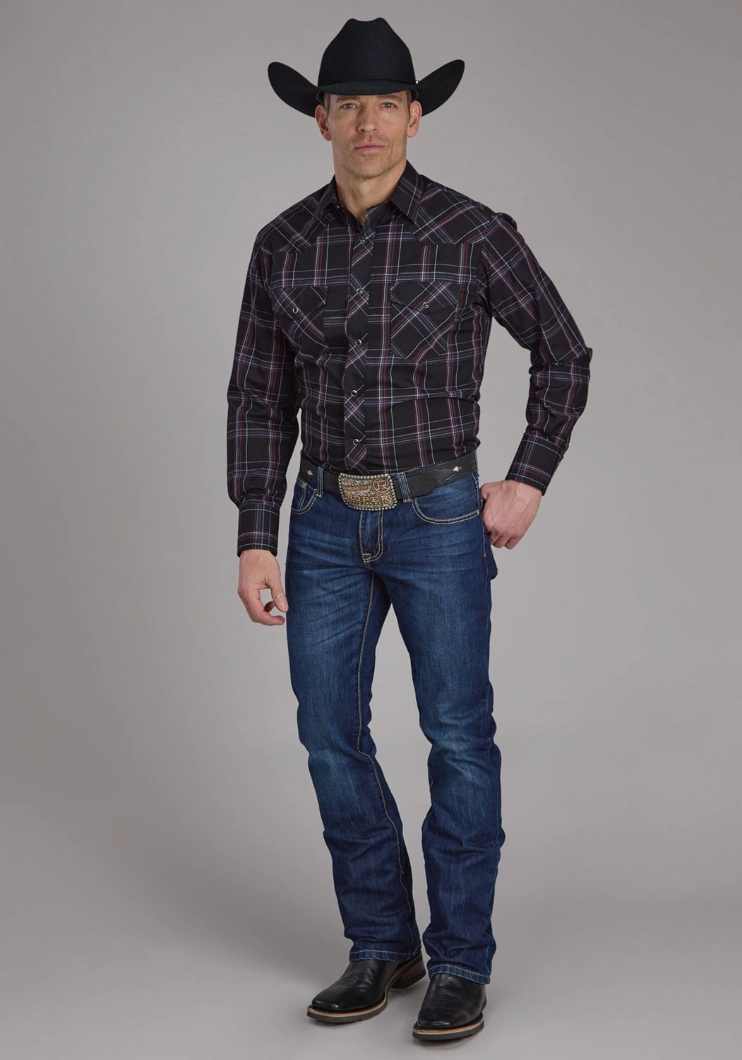 Roper Mens 2130 Plaid Black/Grey Cotton Blend L/S Shirt Urban Edge