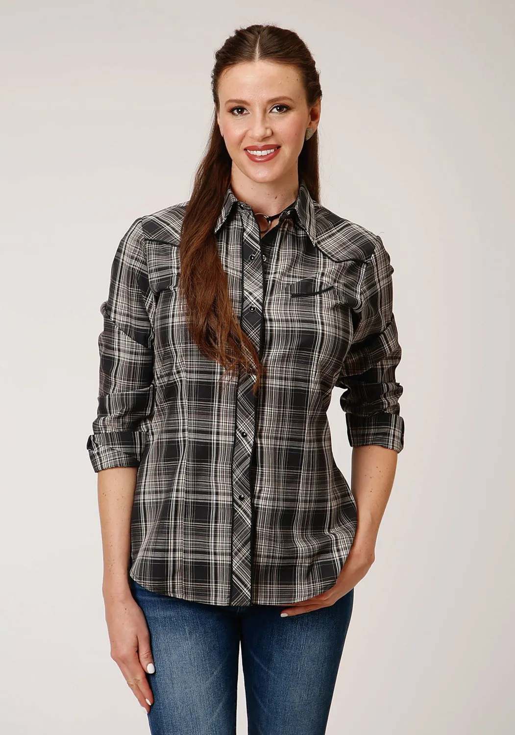 Roper Womens Black/Cream Cotton Blend Roses L/S Shirt Everyday Shopping Day