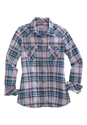 Clean Finish Tin Haul Womens Indigo/Pink 100% Cotton Plaid L/S Shirt Family Style Gym Ready Daily Wear Quick Outfit Tin Haul Womens Indigo/Pink 100% Cotton Plaid L/S Shirt