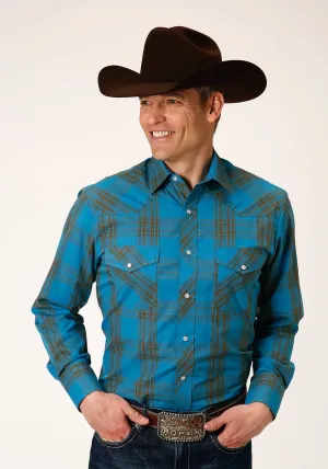Clean Lines Roper Mens Peacock Blue/Olive Cotton Blend Plaid L/S Shirt Roper Mens Peacock Blue/Olive Cotton Blend Plaid L/S Shirt Country Escape