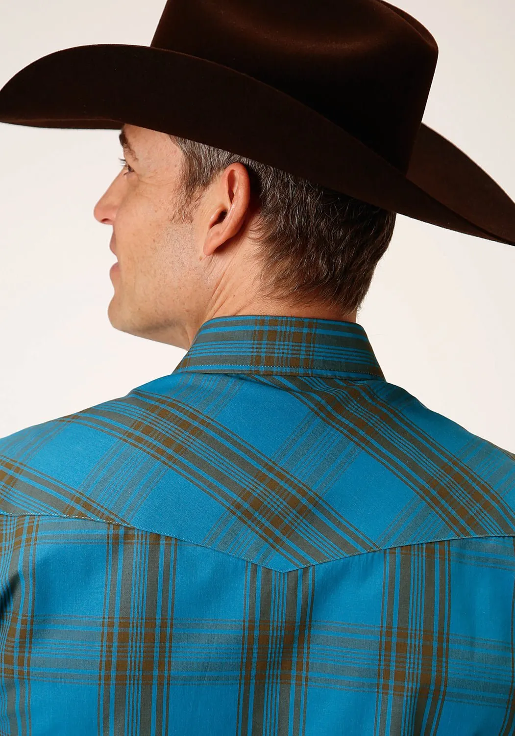Roper Mens Peacock Blue/Olive Cotton Blend Plaid L/S Shirt Double Stitched Seams Perfect Look