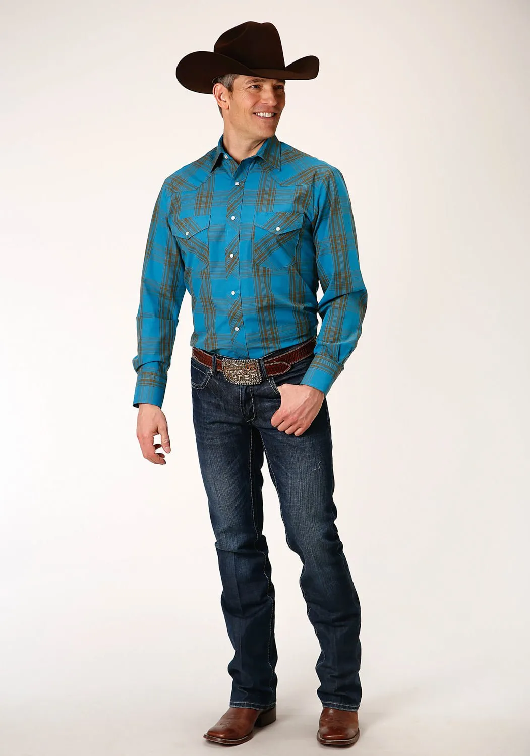 Chic Wardrobe Roper Mens Peacock Blue/Olive Cotton Blend Plaid L/S Shirt