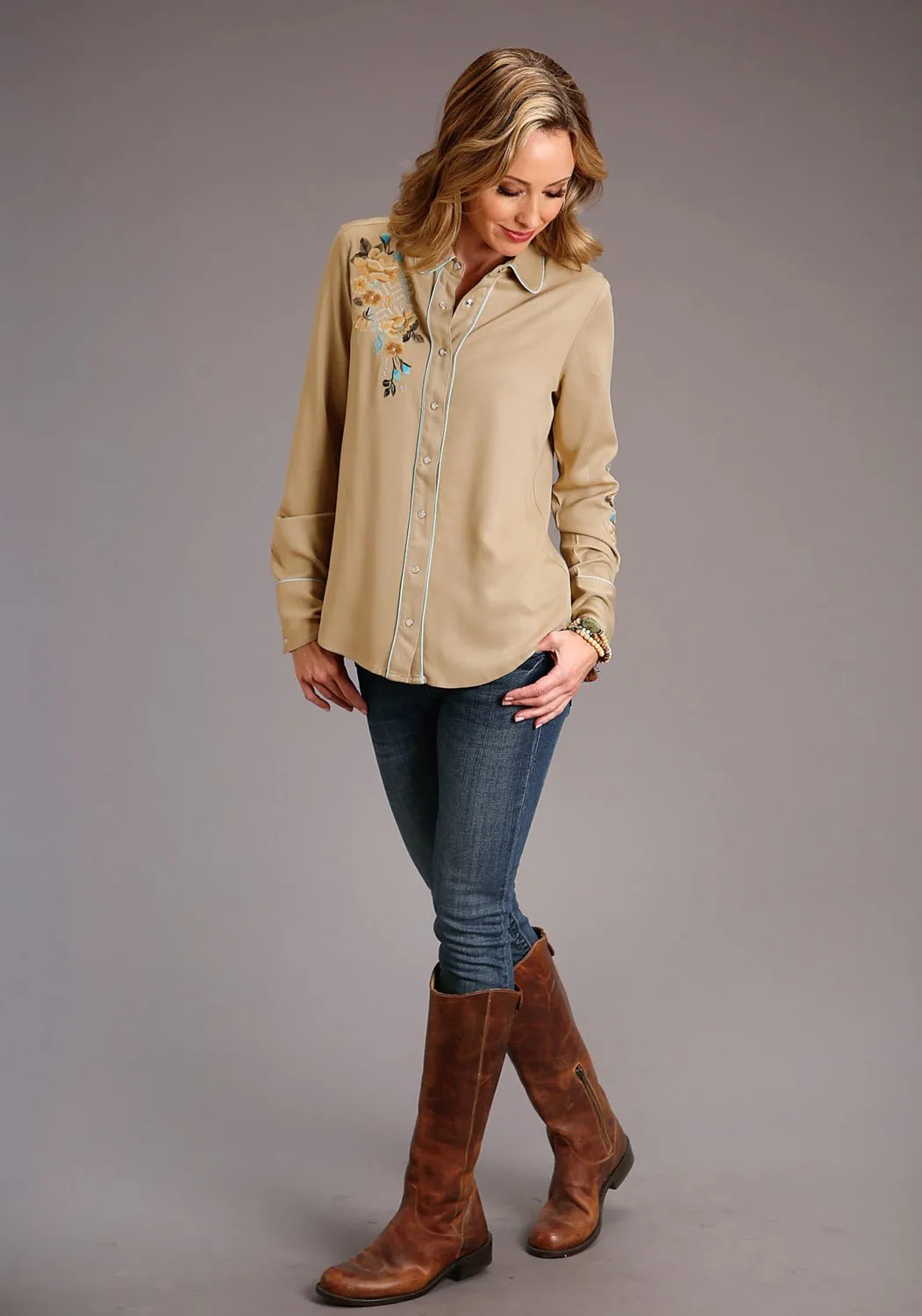 Comfortable Design Look Stetson Womens Taupe Rayon/Nylon Aqua Twill L/S Blouse