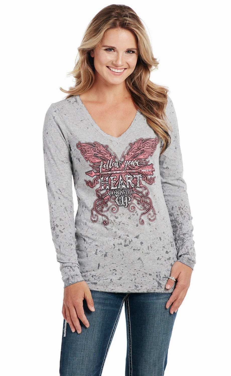 Cowgirl Up Womens Follow Your Heart Grey Cotton Blend L/S T-Shirt Go Anywhere Look