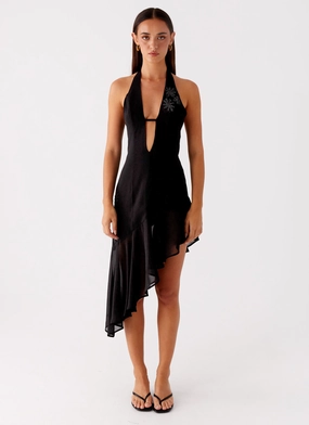 Clean Slate Midi Dress - Black Shawl Collar Wedding-Guest Smooth Motion Clean Slate Midi Dress - Black