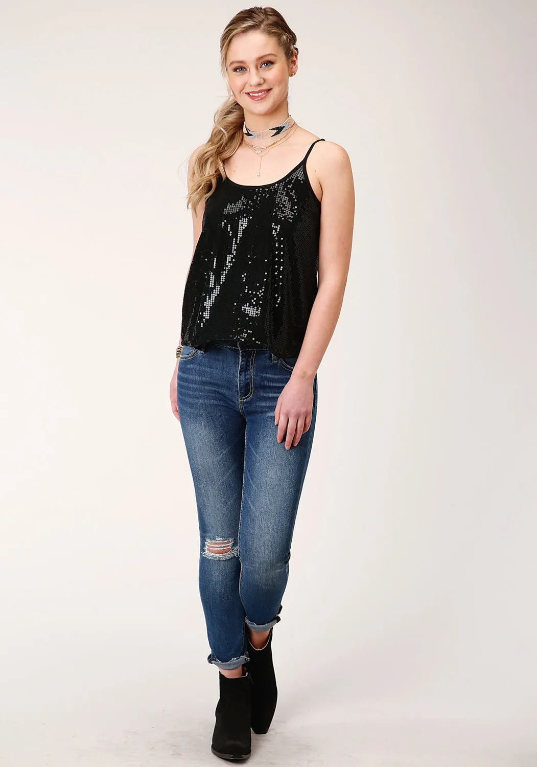 Distressed finish Abstract print Roper Womens Black Polyester Sequin Lined S/L Cami