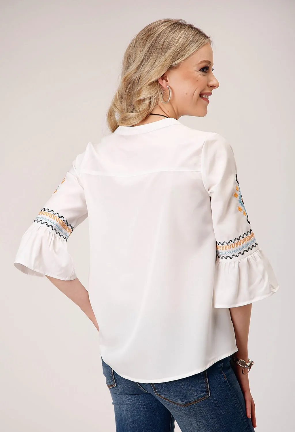 Beach Ready Spring Break Roper Womens Crepe Bell Sleeve Cream 100% Polyester S/S Blouse
