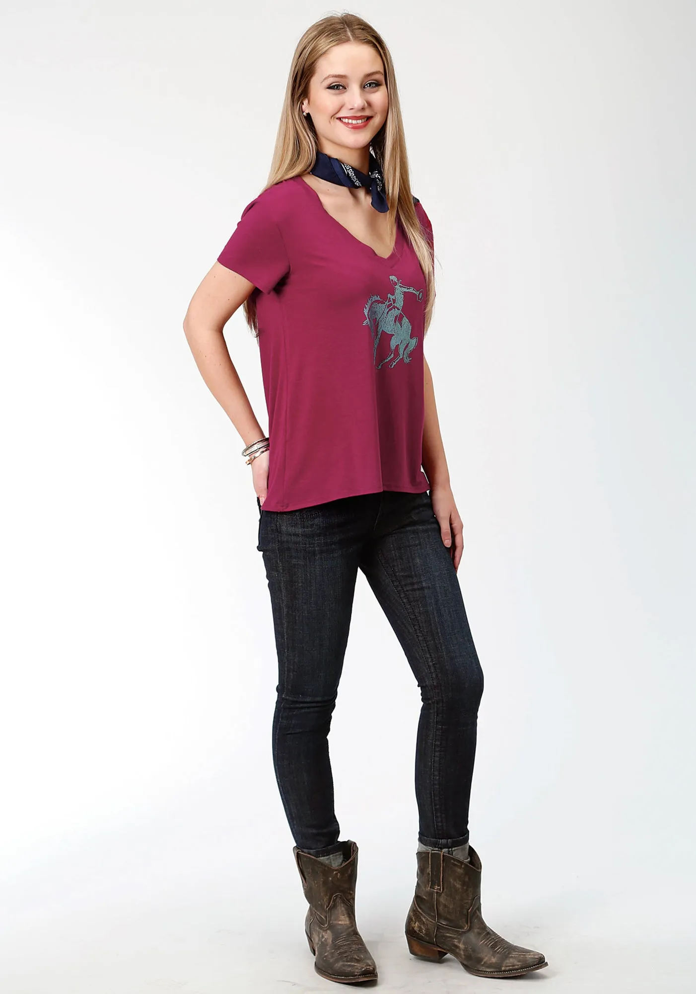 Roper Womens Plum Poly/Rayon Bronc Rider S/S T-Shirt Weekend Vibes Coffee Run